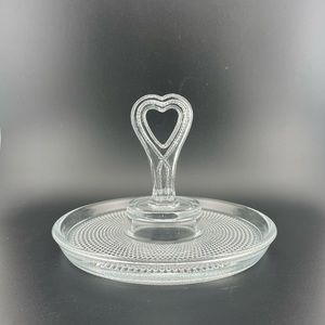 Vintage, Clear, Round Dish with Center Heart Handle, Depression Glass